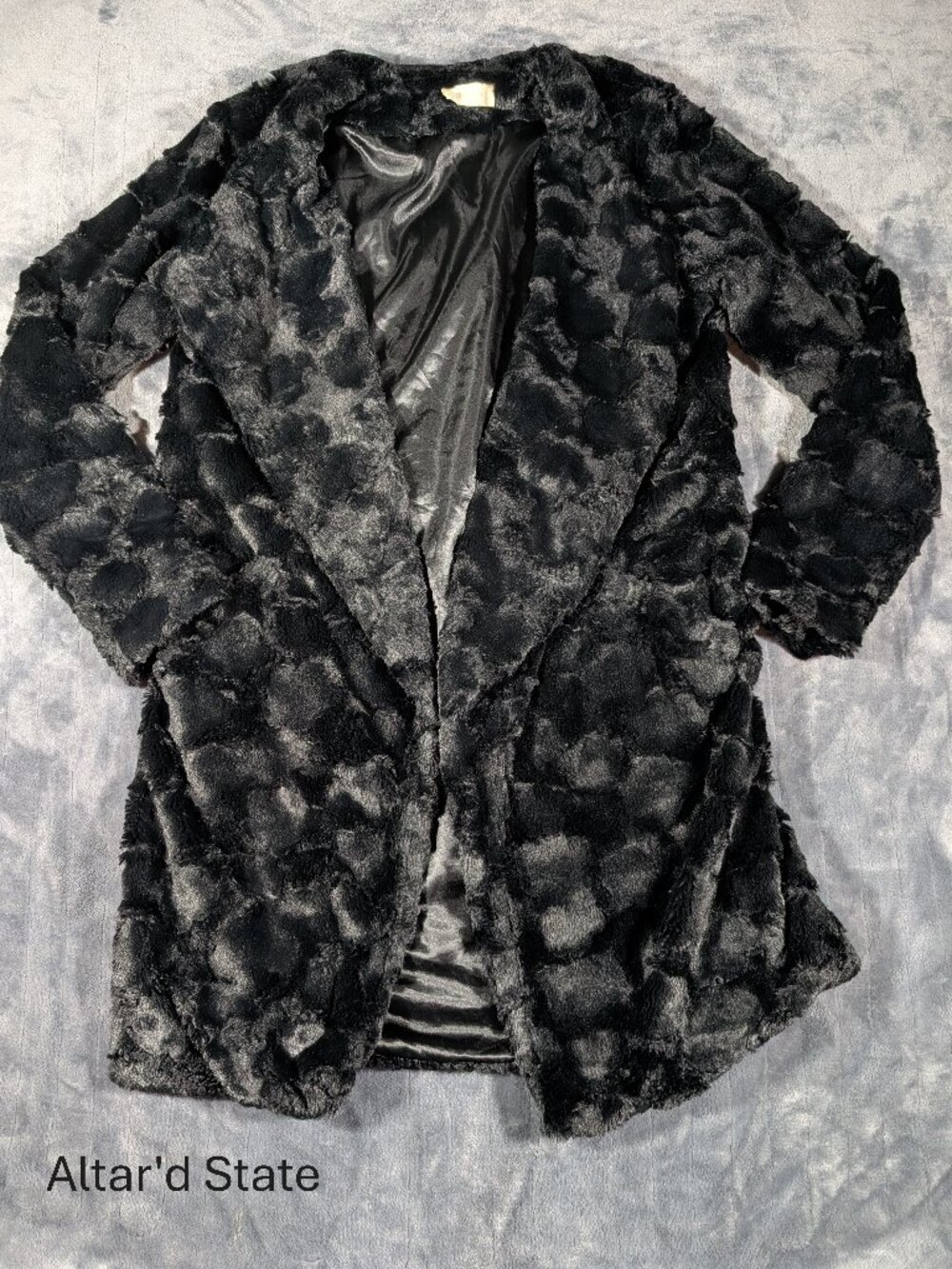Altar’d State Faux Fur Black Floral Pattern, Lined, Open Front Jacket, Sz S